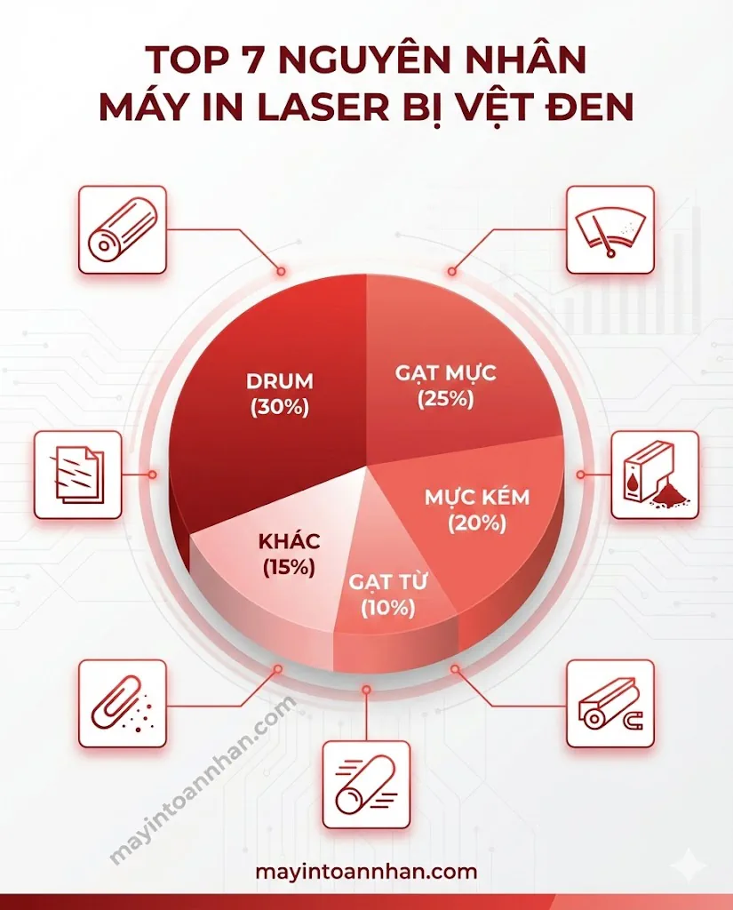 Tại sao máy in laser bị vệt đen? 7 nguyên nhân & cách khắc phục