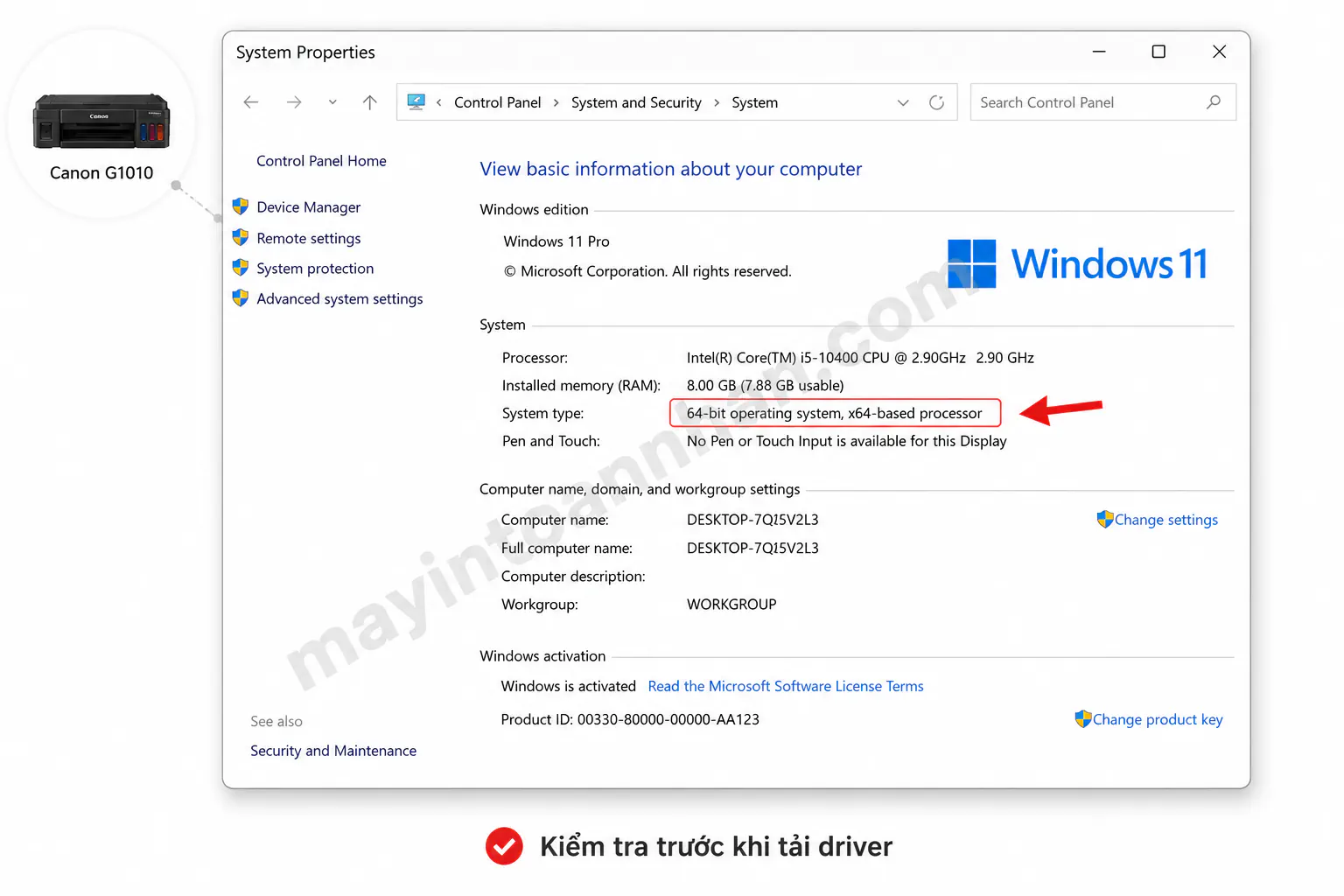 Mockup cửa sổ System Properties của Windows — mũi tên highlight dòng "System type: 64-bit operating system".