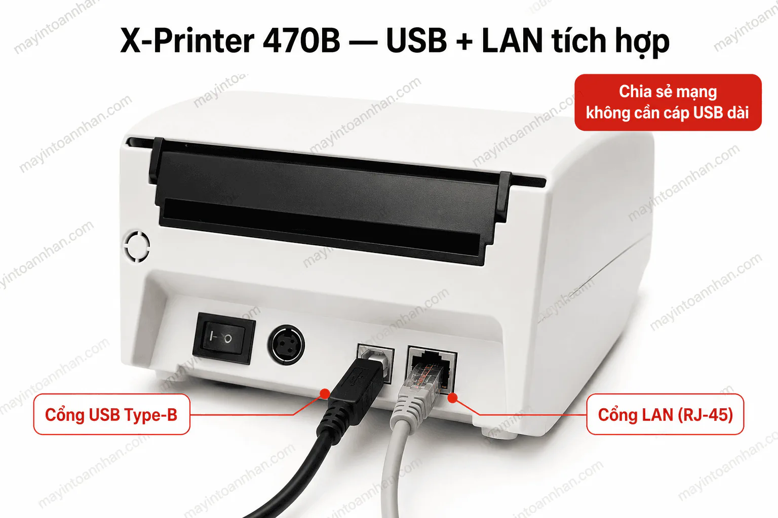 Cận cảnh cổng USB Type-B và cổng RJ-45 LAN phía sau X-Printer 470B