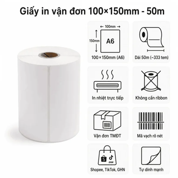 Giấy in mã vạch 100×150 dài 50m