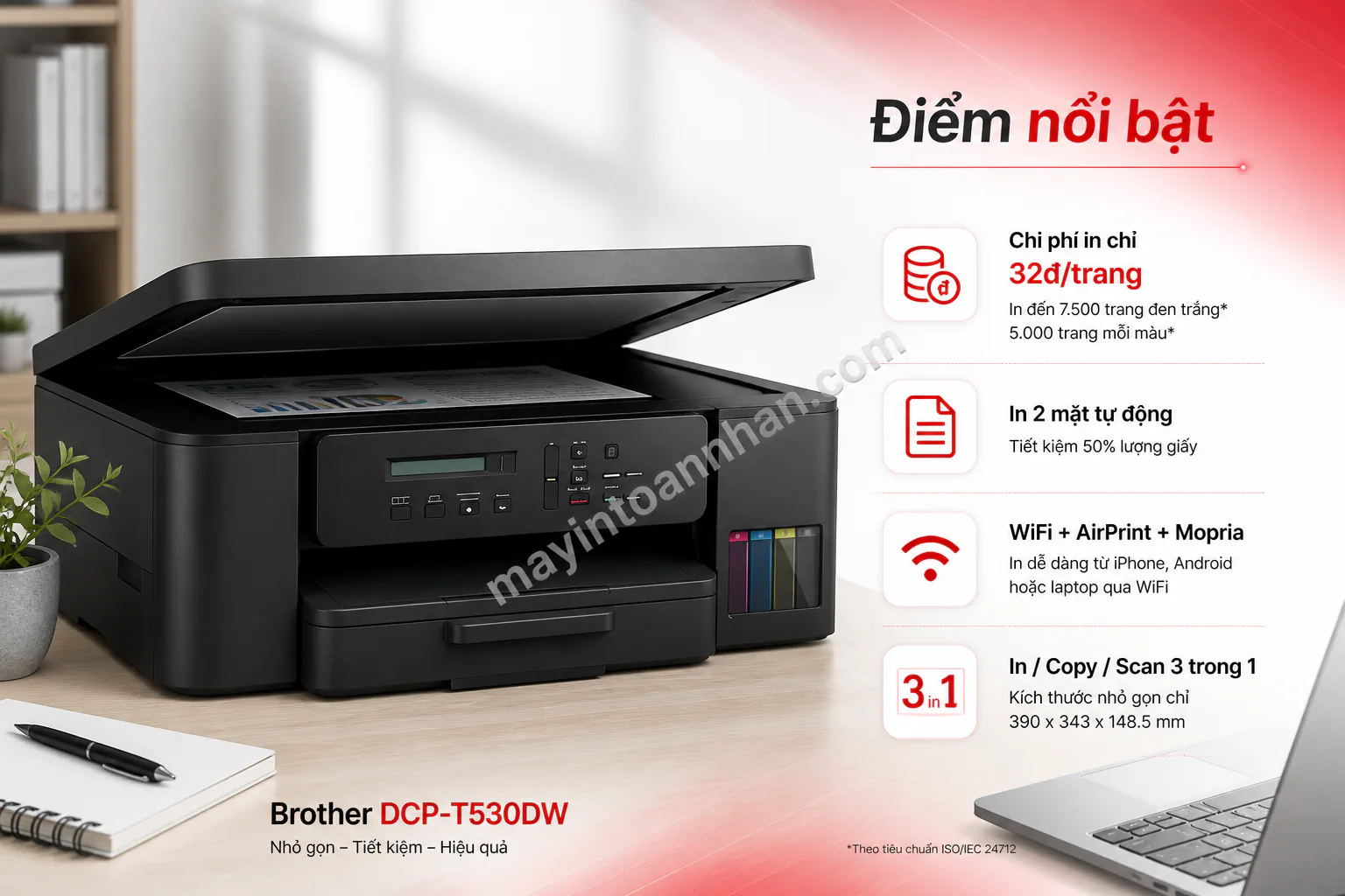 Máy in phun màu đa năng Brother DCP-T530DW kết nối WiFi in từ điện thoại