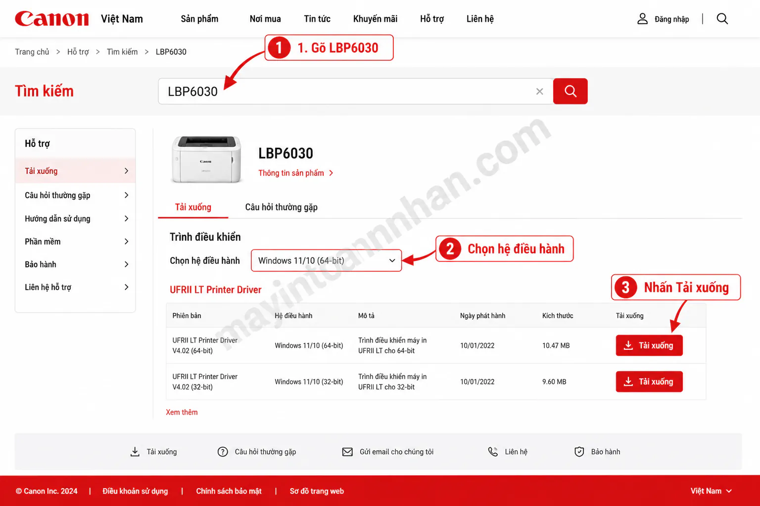 Screenshot giao diện trang tải driver Canon Việt Nam – hiển thị ô tìm kiếm đang gõ "LBP6030", danh sách kết quả với các tùy chọn hệ điều hành. Overlay chú thích màu đỏ chỉ rõ các bước: 1. Gõ LBP6030, 2. Chọn OS, 3. Nhấn Download. Style: ảnh thực tế có chú thích overlay