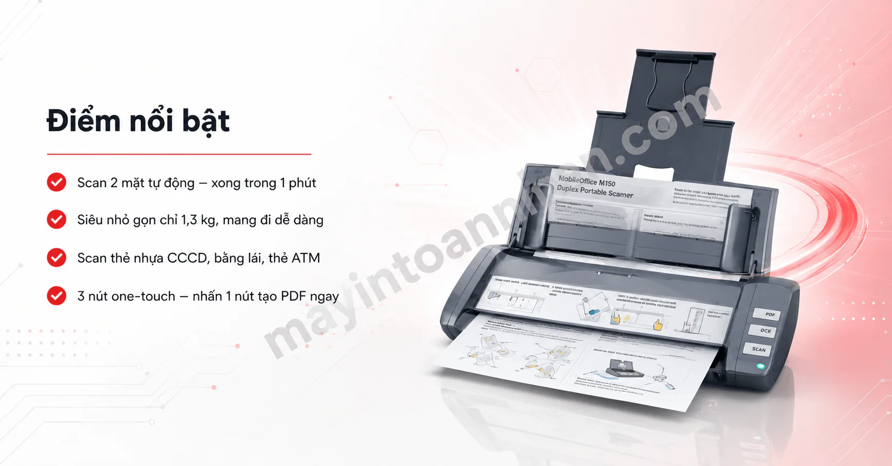 Máy Scan Plustek MobileOffice M150 | Scan 2 Mặt, 20 trang/phút, Nhỏ Gọn