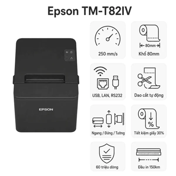 Máy in hoá đơn Epson TM-T82IV (USB, Lan, RS232)