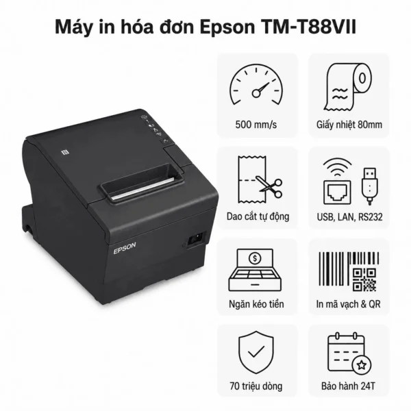 Máy in hoá đơn Epson TM-T88VII (USB, Lan, RS232)