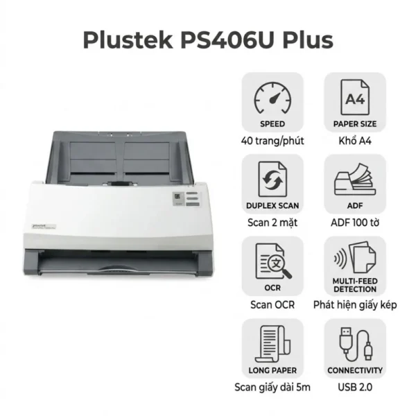 Máy scan Plustek PS406U Plus | Scan 2 mặt 40 trang/phút
