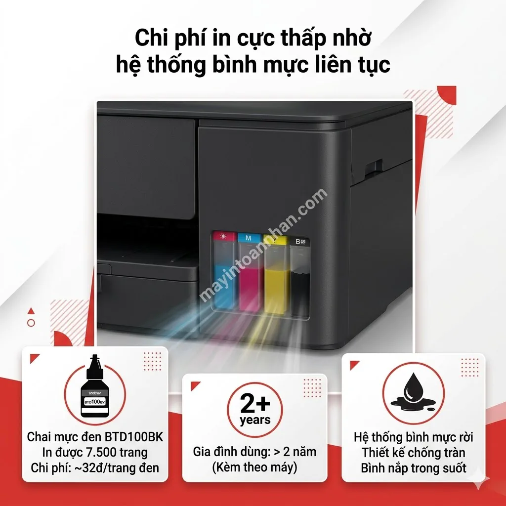 Hệ thống bình mực liên tục chống tràn trên máy in Brother DCP-T230