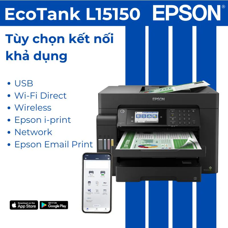 Cổng kết nối mạng và màn hình cảm ứng của máy in Epson EcoTank L15150