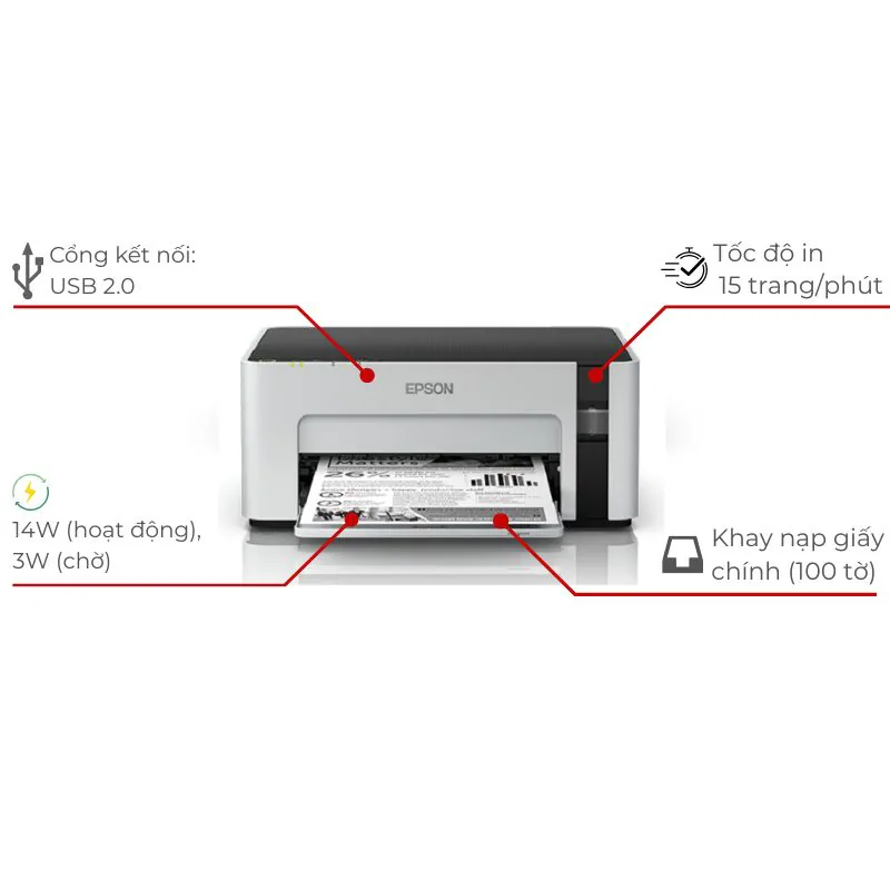 Bình mực EcoTank nạp lại bằng lọ mực 110S trên máy in Epson M1120