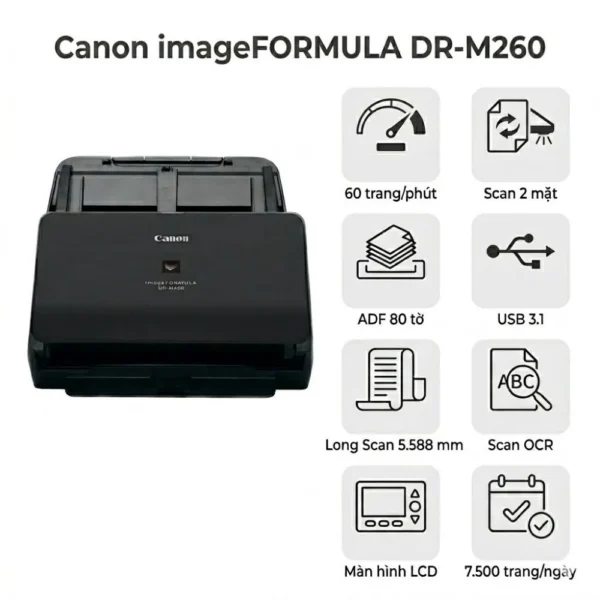 Máy Scan Canon DR-M260 – Scan 2 mặt 60 trang/phút – Chính hãng