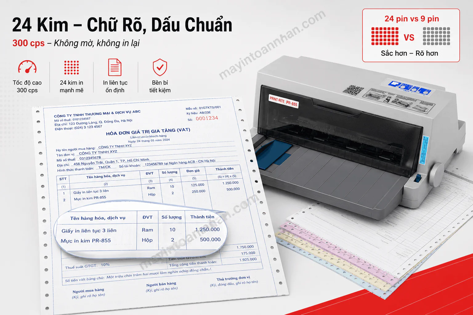 Bản in form thuế A4 từ máy in kim Print-Rite PR-855 với chữ rõ nét