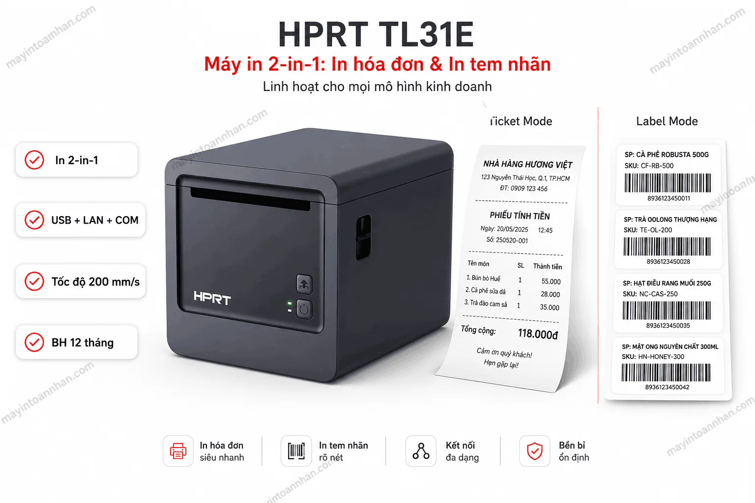 Máy in hóa đơn và mã vạch HPRT TL31E in cả hóa đơn lẫn tem nhãn