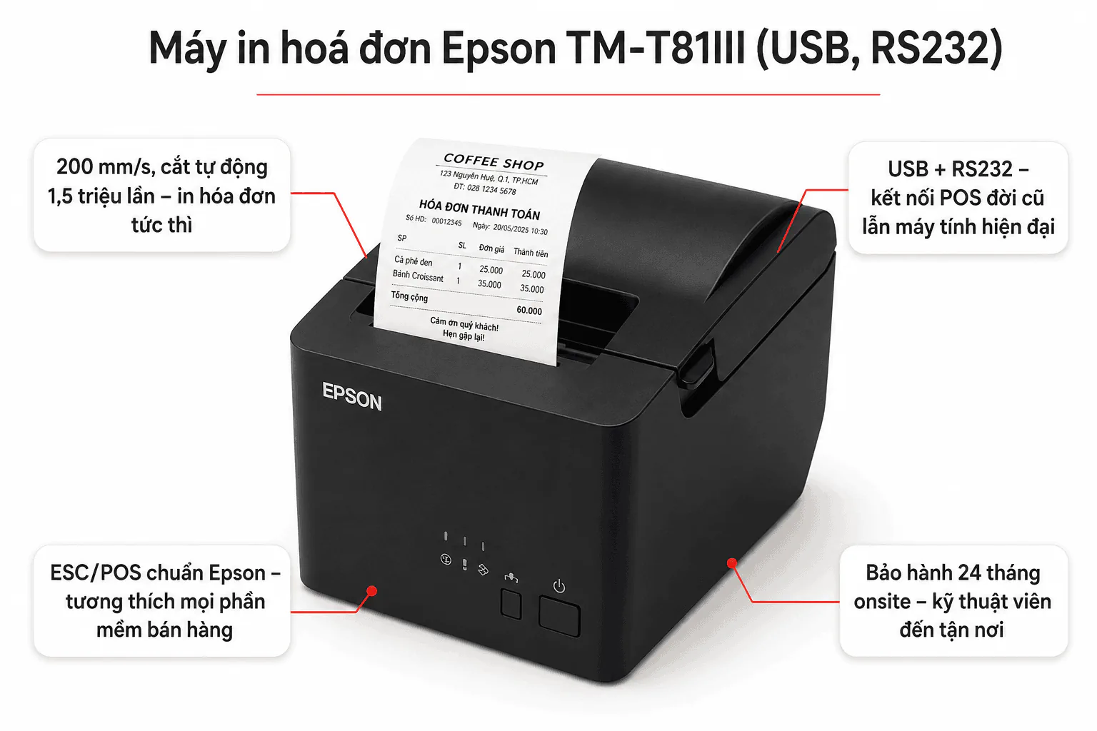 Máy in hóa đơn Epson TM-T81III bản USB và RS232