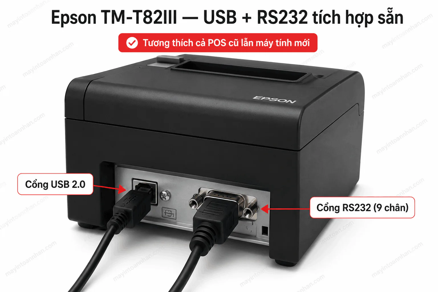 Mặt sau máy in Epson TM-T82III với cổng USB và RS232