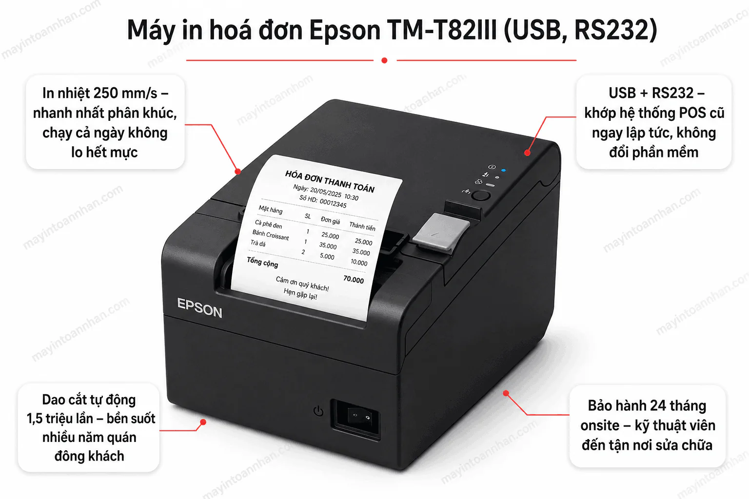 Máy in hóa đơn Epson TM-T82III bản USB và RS232