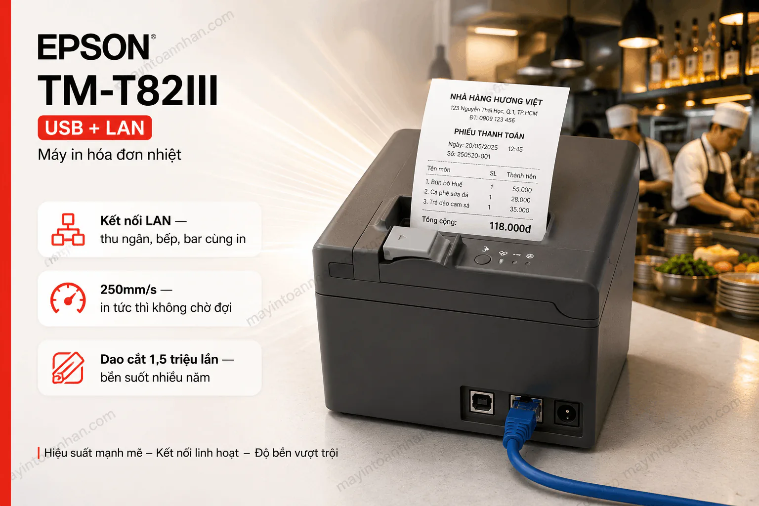 Máy in hóa đơn Epson TM-T82III bản USB và LAN đặt tại quầy bar