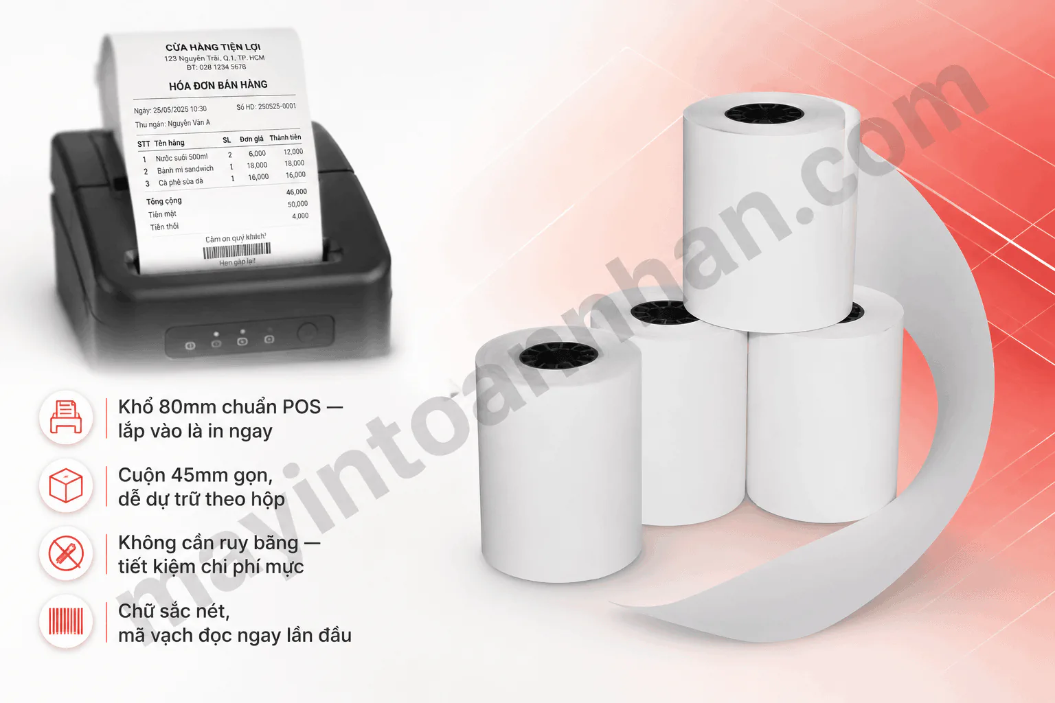 Giấy in hóa đơn khổ K80 45mm (Giấy in Bill)