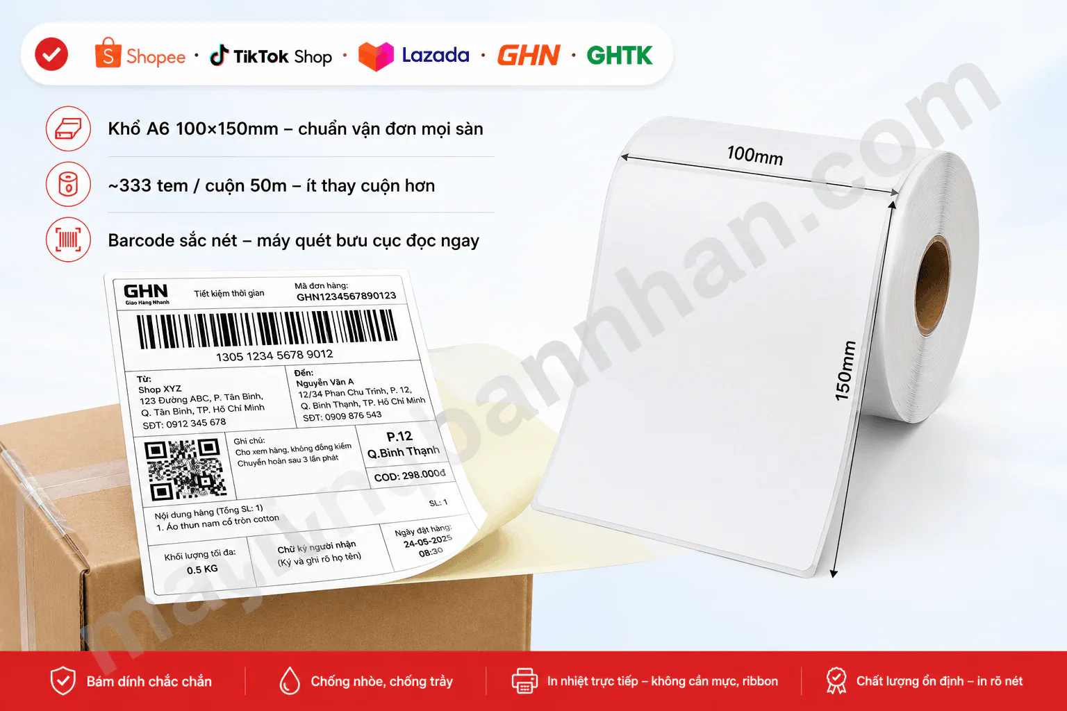 Giấy in mã vạch 100×150 dài 50m