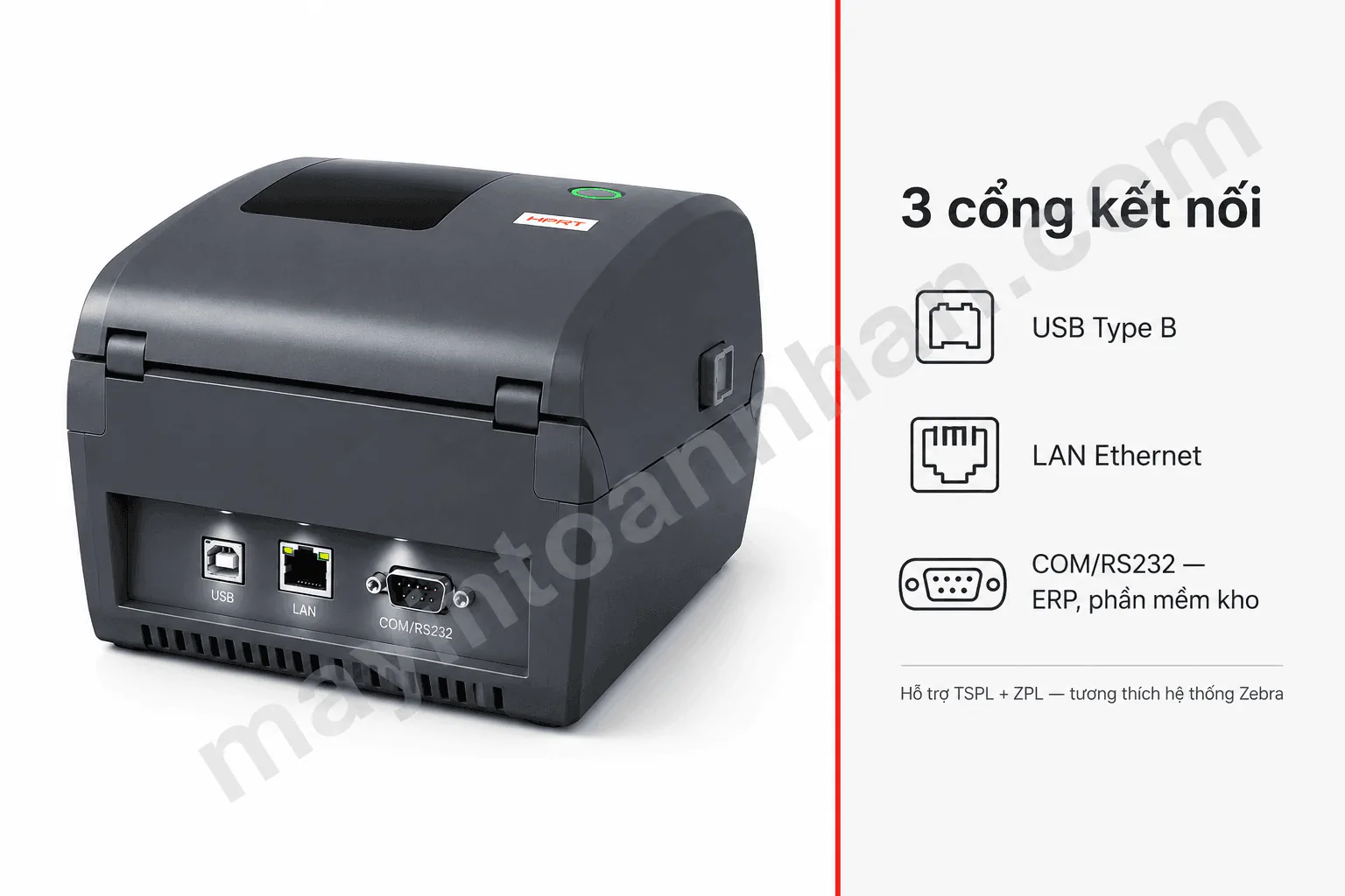 Mặt sau HPRT HD200 với cổng USB Type B, Ethernet RJ45 và COM RS232 DB9