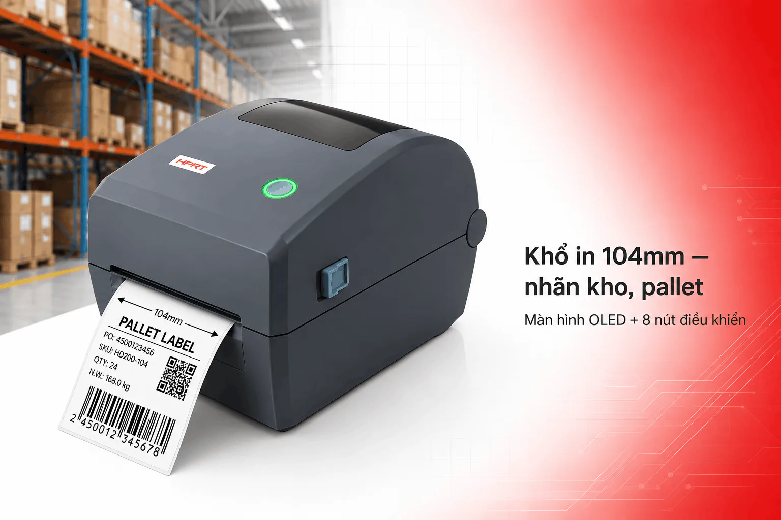 Máy in mã vạch HPRT HD200 in nhãn kho khổ lớn 104mm