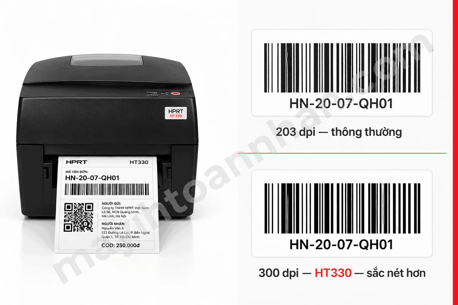So sánh barcode in ở 203 dpi và 300 dpi trên máy HPRT HT330