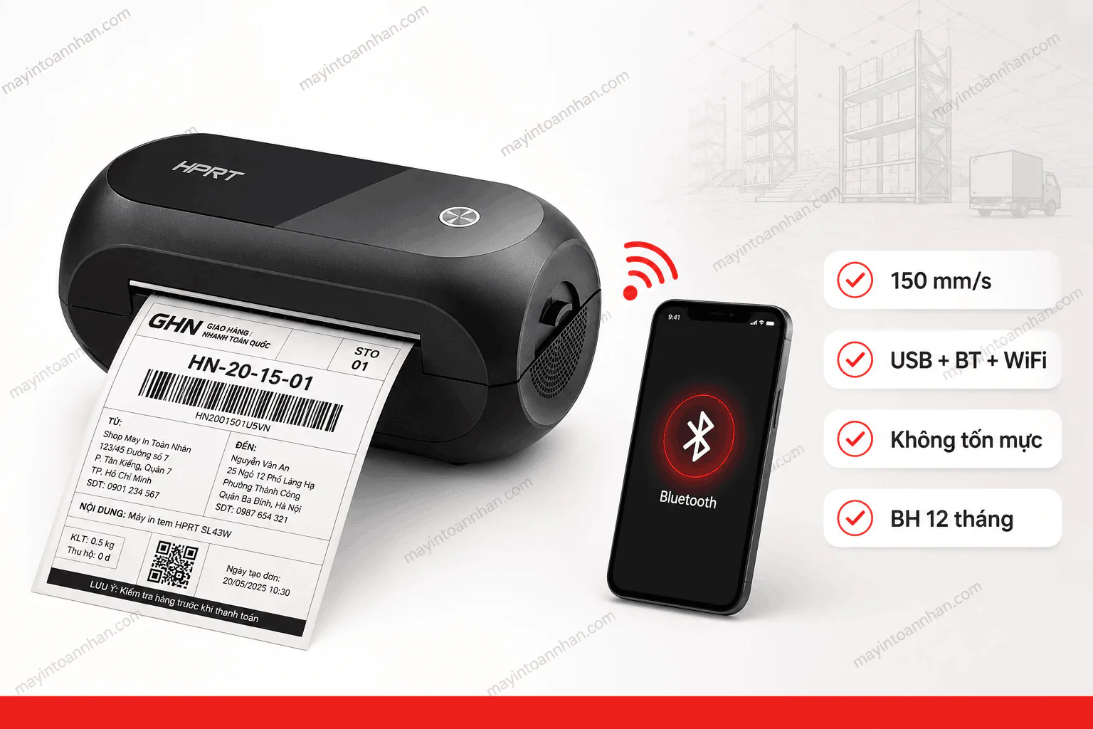 Máy in mã vạch HPRT SL43W kết nối USB, Bluetooth và WiFi