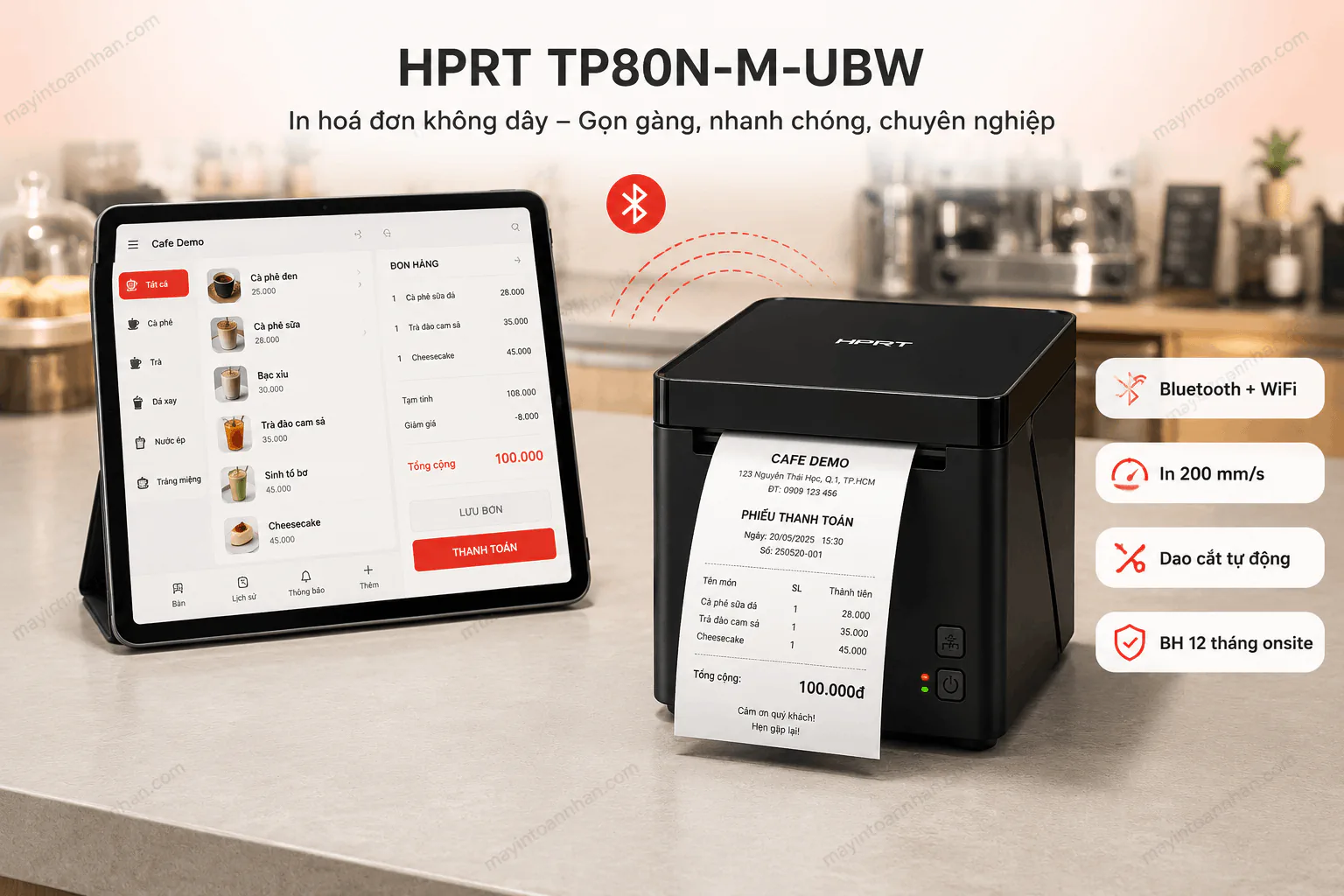 Máy in hóa đơn nhiệt HPRT TP80N-M-UBW in bill tốc độ cao tại quầy thu ngân