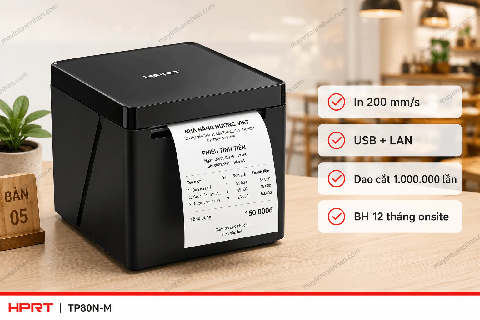 Máy in hóa đơn nhiệt HPRT TP80N-M in bill khổ 80mm tại quầy thu ngân