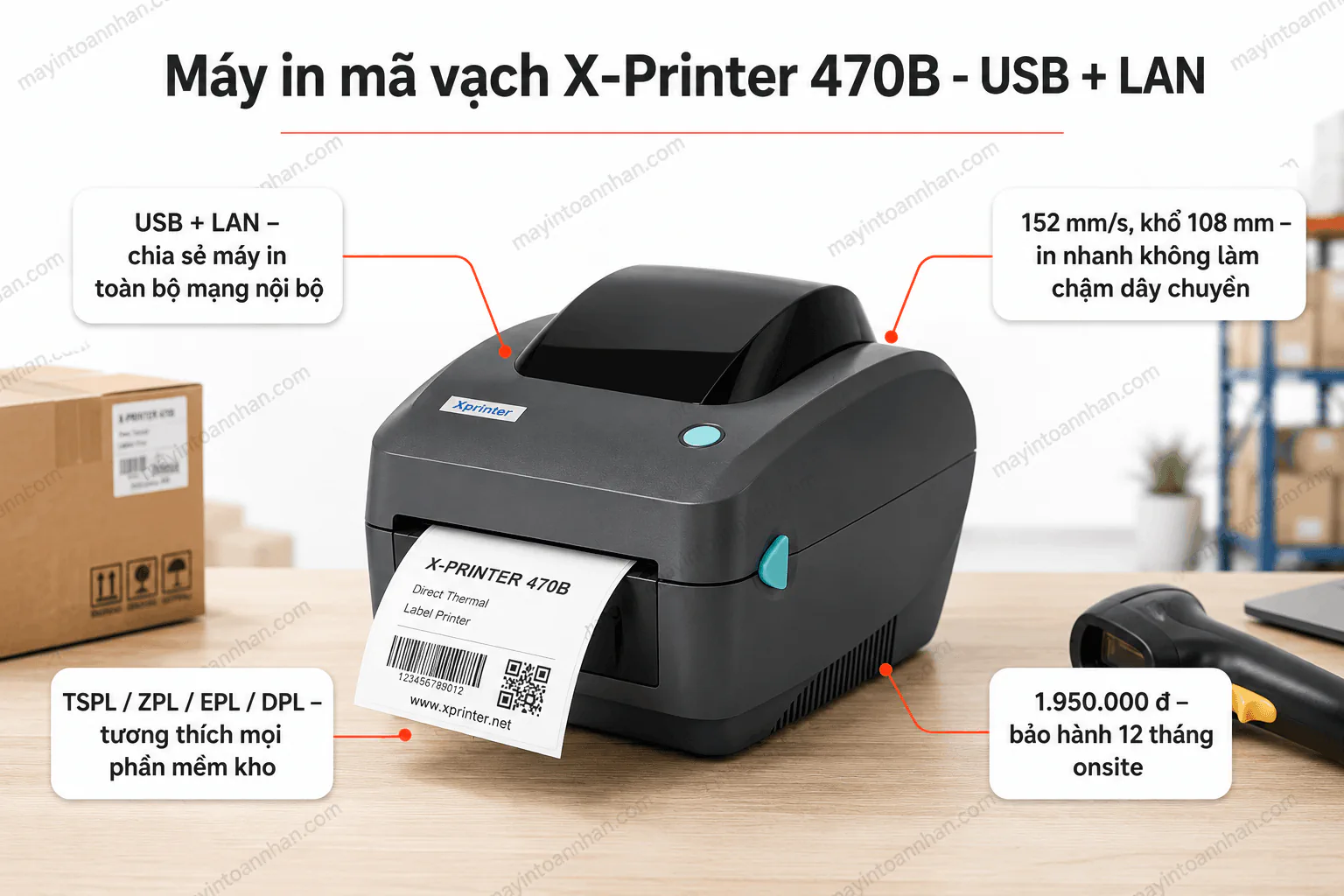 Máy in mã vạch X-Printer 470B in tem nhãn bằng công nghệ in nhiệt trực tiếp