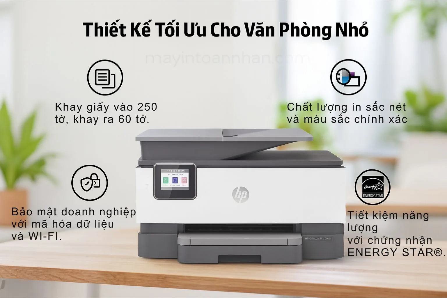 Thiết kế và kết nối không dây của máy in HP OfficeJet Pro 9010 trong văn phòng