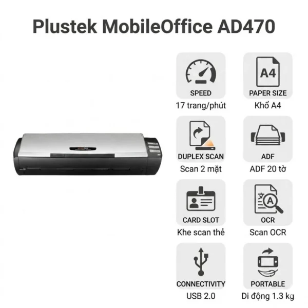 Máy scan Plustek MobileOffice AD470 | Scan 2 mặt ADF 17 trang/phút