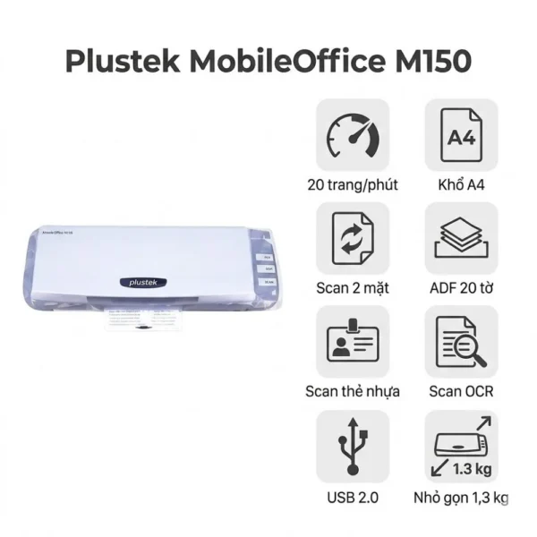 Máy Scan Plustek MobileOffice M150 | Scan 2 Mặt, 20 trang/phút, Nhỏ Gọn