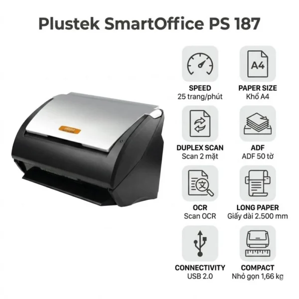 Máy scan Plustek SmartOffice PS 187 – Scan 2 mặt tự động 25 trang/phút
