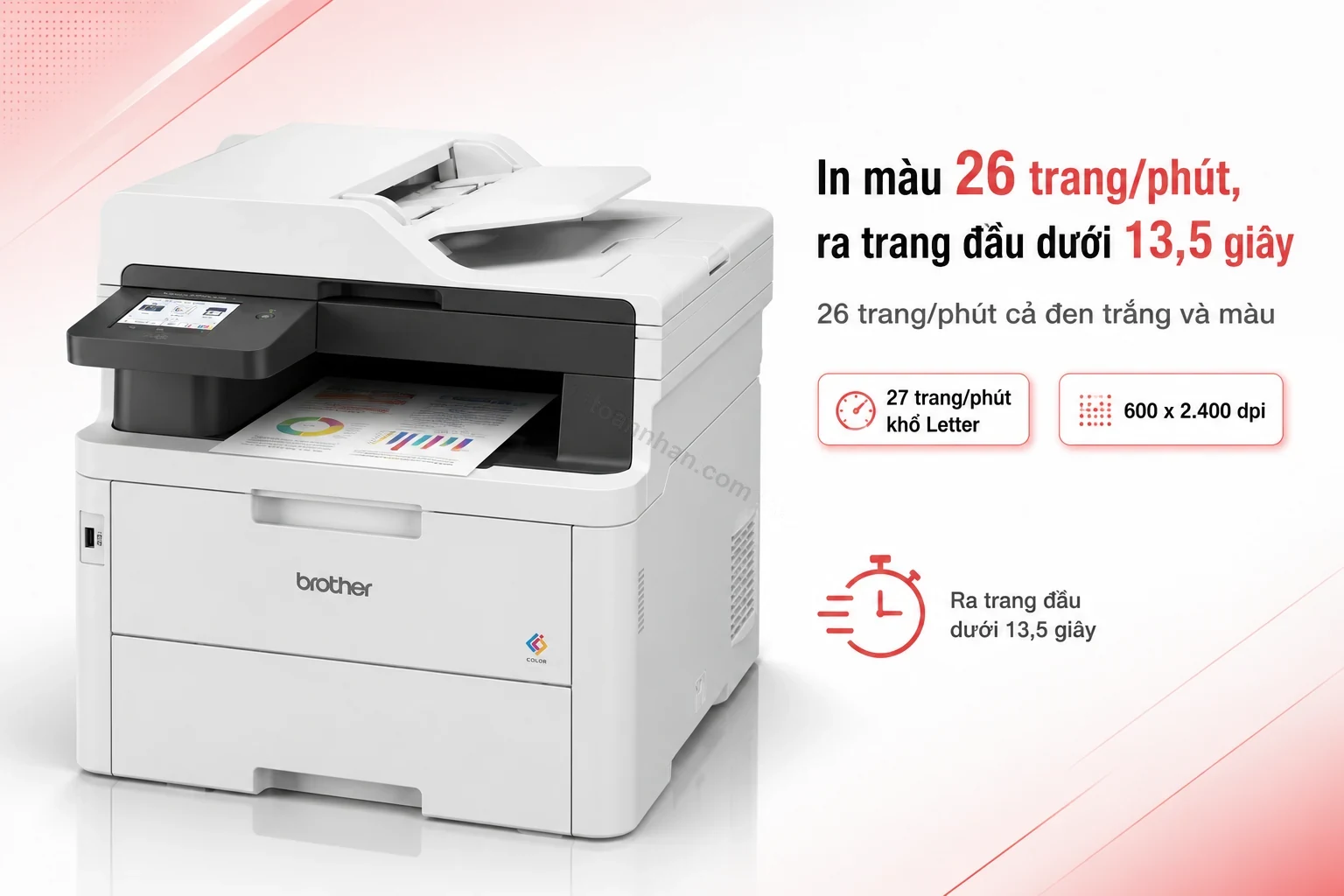 Máy in Brother DCP-L3560CDW đang in tài liệu màu, khay ra giấy có bản in