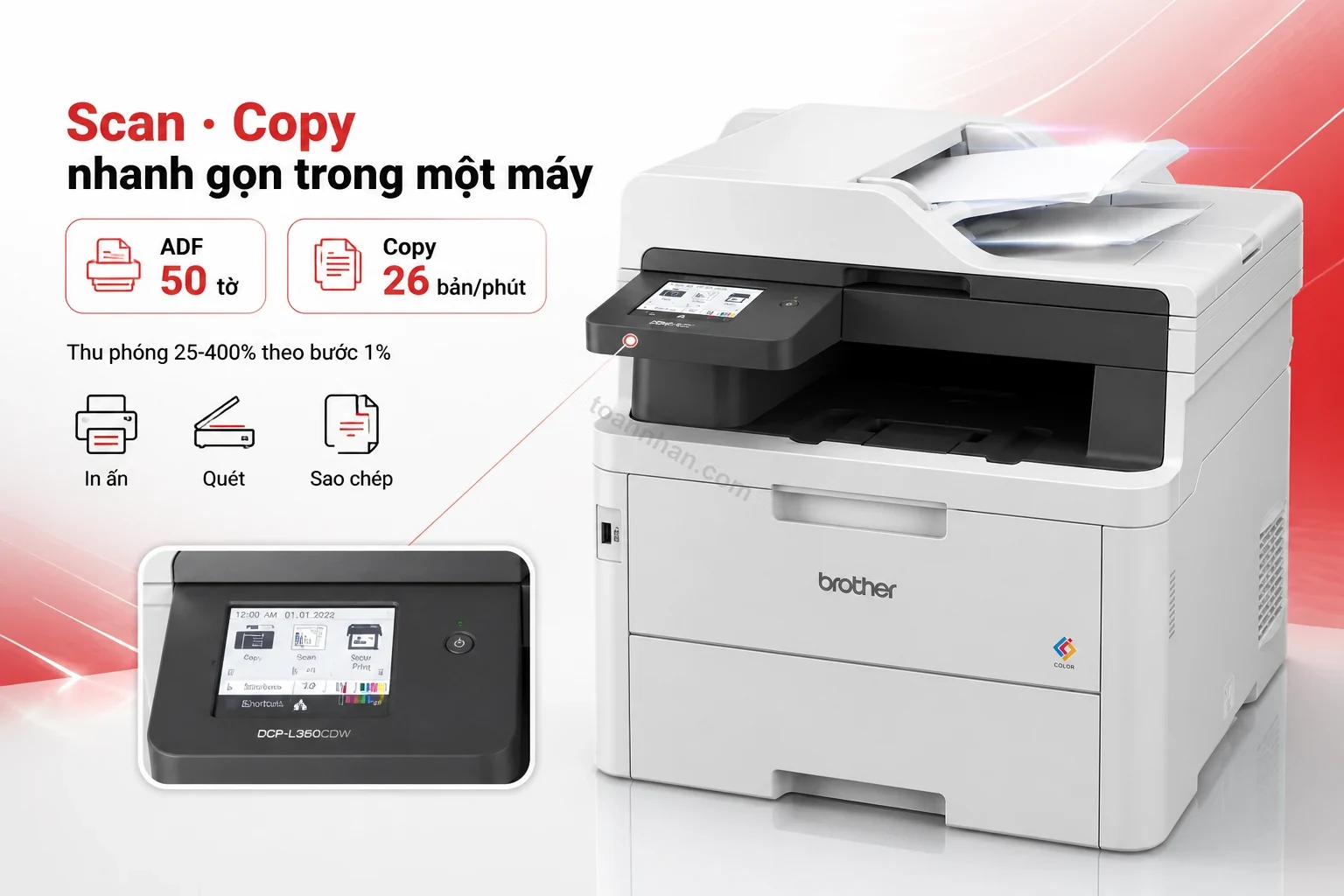 Khay ADF và màn hình cảm ứng của Brother DCP-L3560CDW dùng cho scan và copy