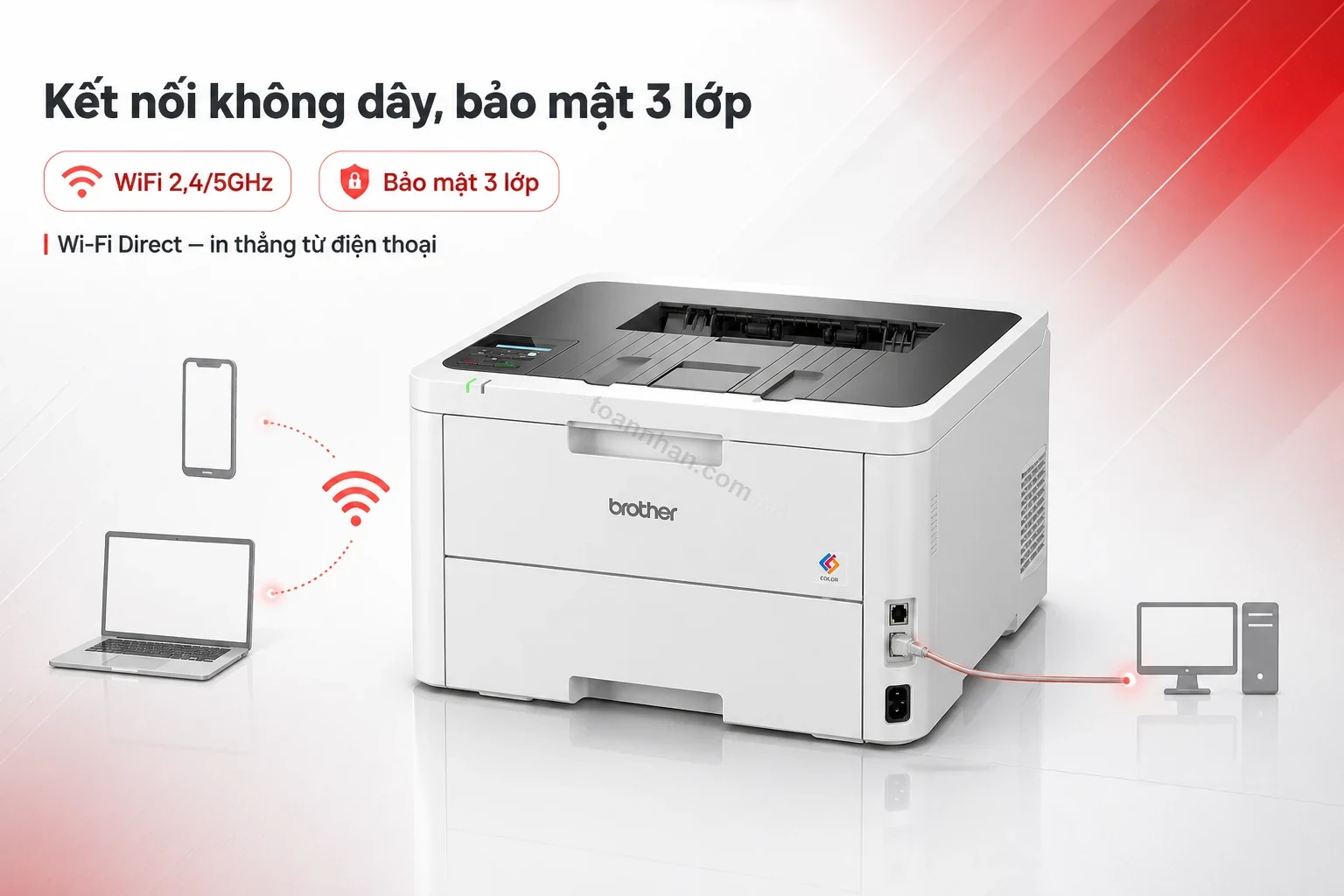 Kết nối WiFi băng tần kép và bảo mật 3 lớp trên máy in Brother HL-L3240CDW