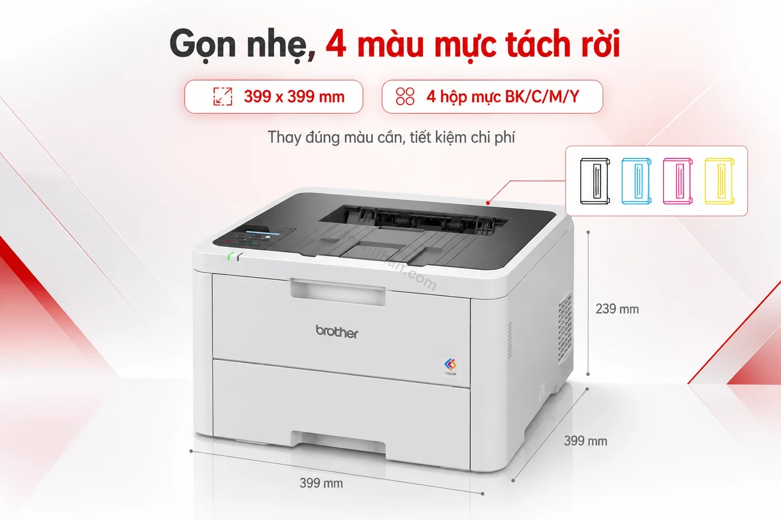 Thân máy gọn và 4 hộp mực riêng biệt của máy in Brother HL-L3240CDW