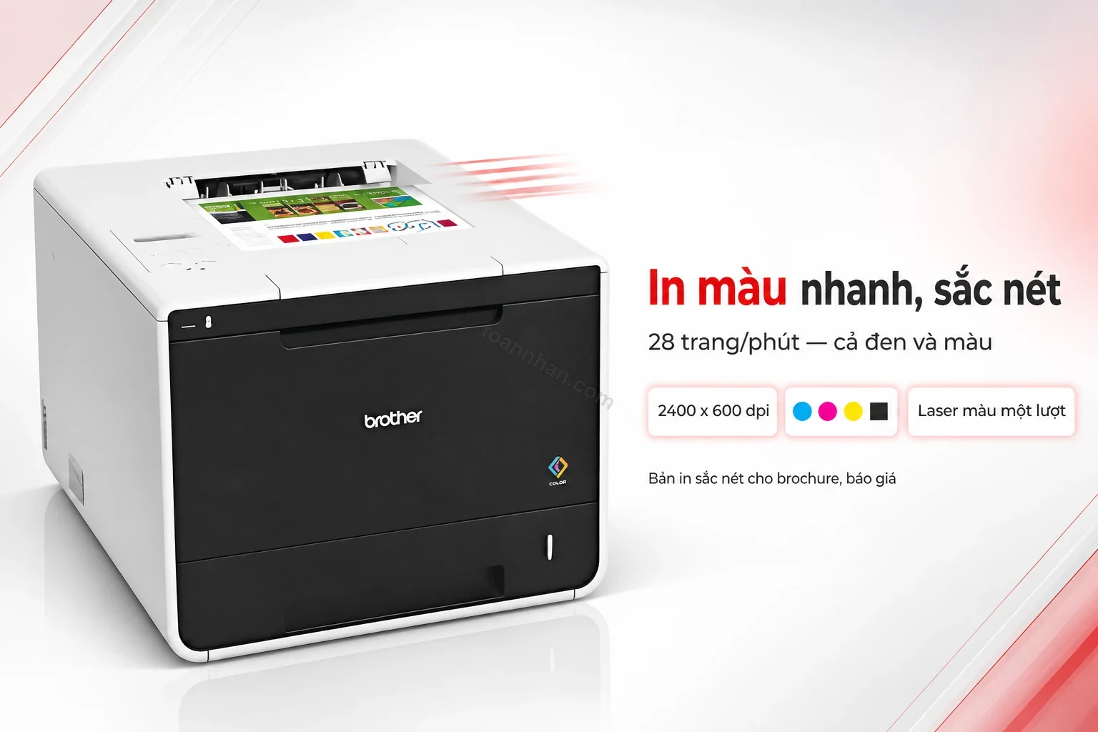 Máy in Brother HL-L8250CDN đang in tài liệu màu, cận cảnh khay ra giấy