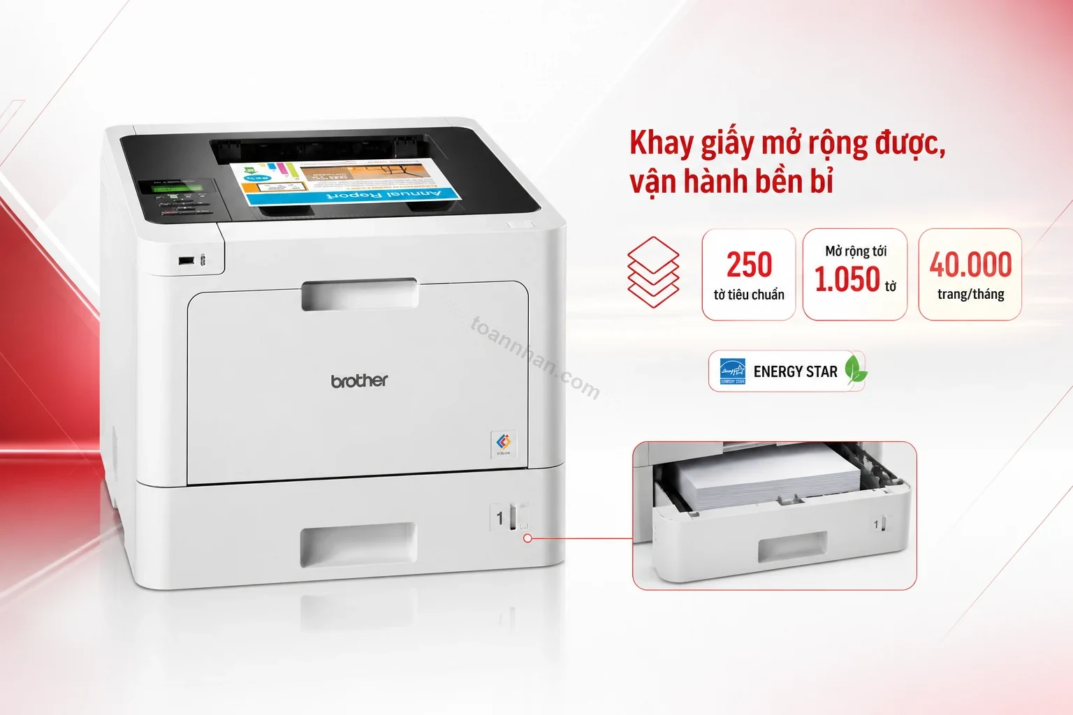 Khay giấy 250 tờ trên Brother HL-L8260CDN mở rộng được tới 1.050 tờ