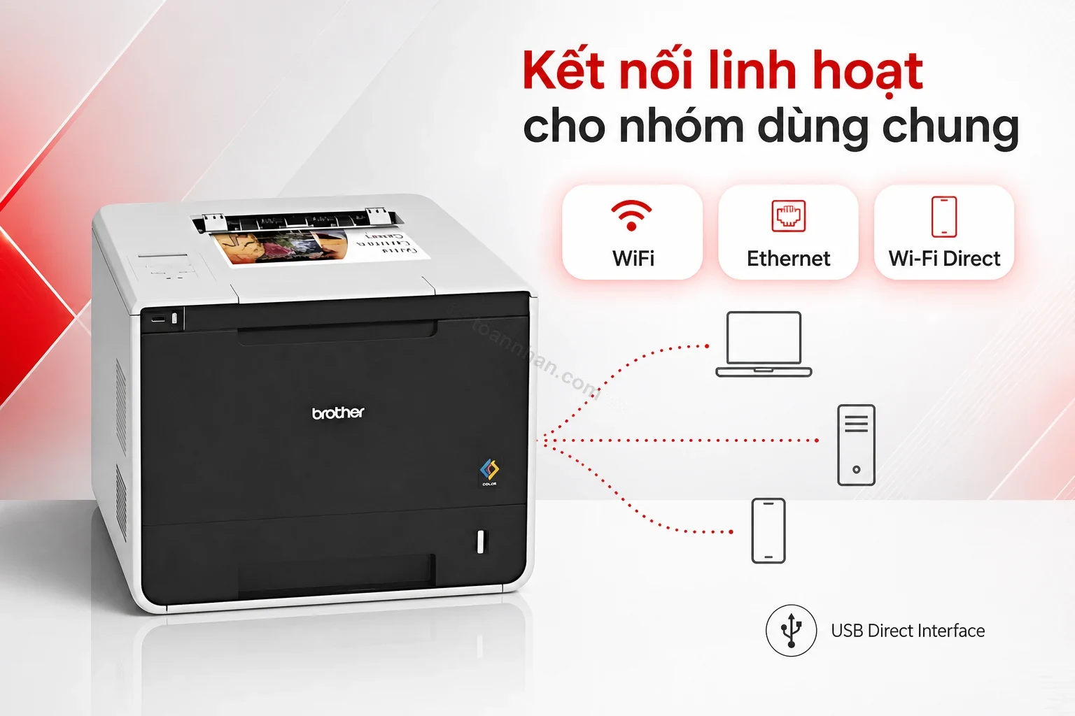 Sơ đồ kết nối WiFi và Ethernet của Brother HL-L8350CDW cho nhiều máy tính dùng chung