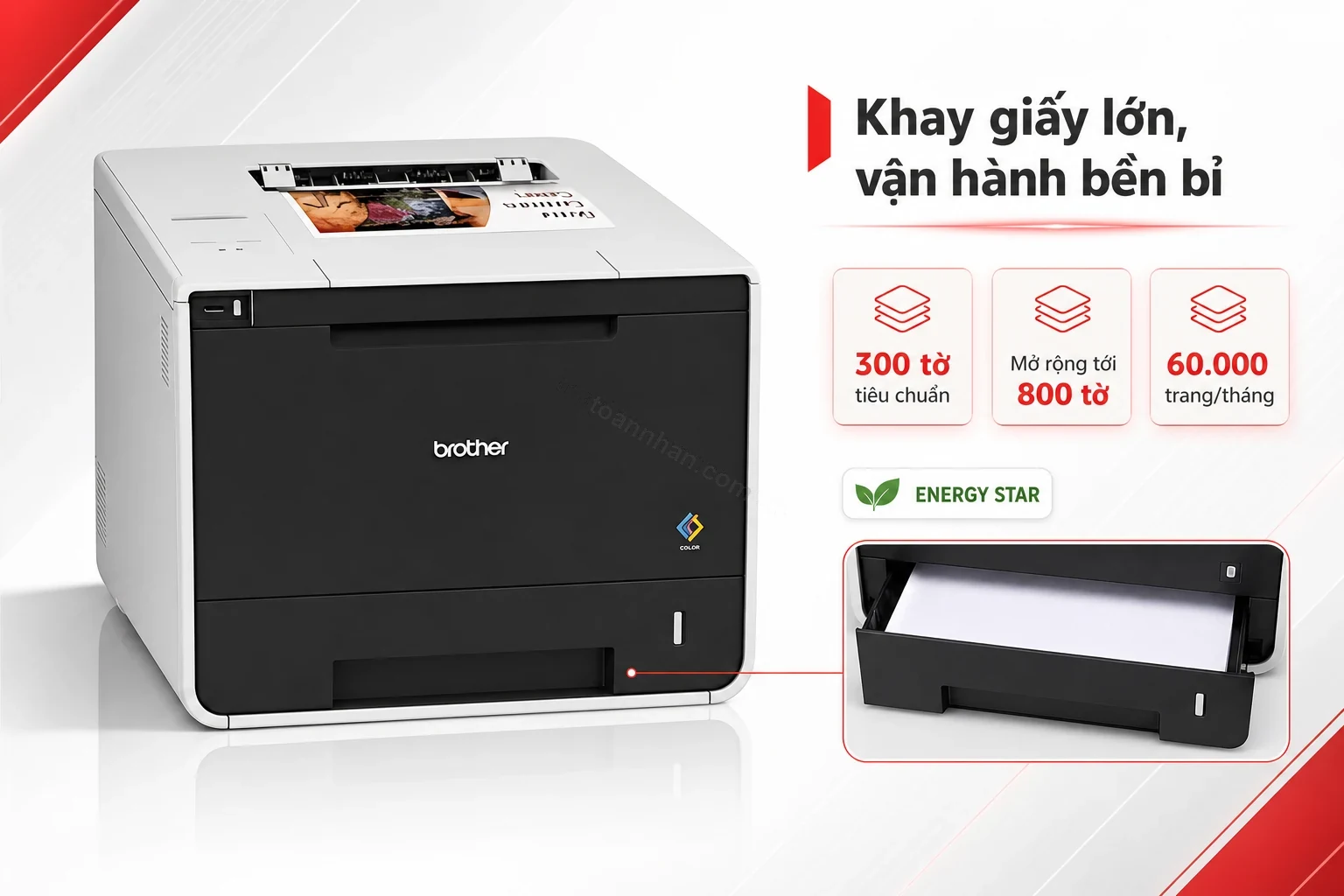 Khay giấy 300 tờ trên Brother HL-L8350CDW mở rộng được tới 800 tờ