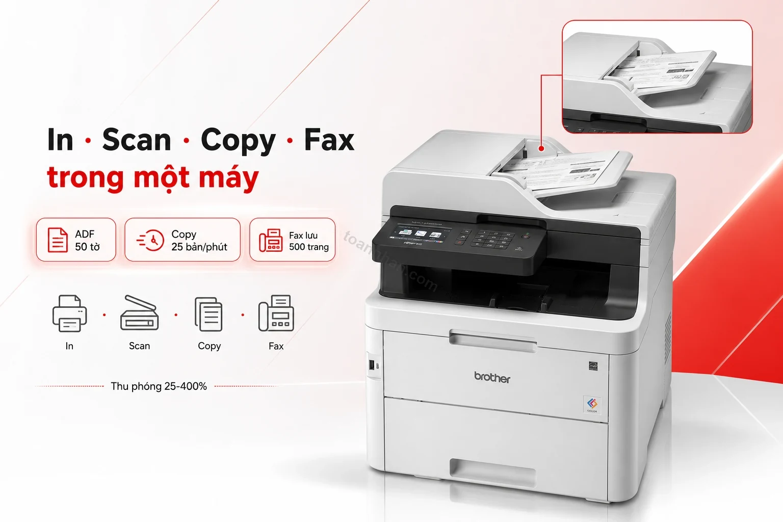 Khay ADF 50 tờ trên Brother MFC-L3750CDW đang xử lý tài liệu nhiều trang