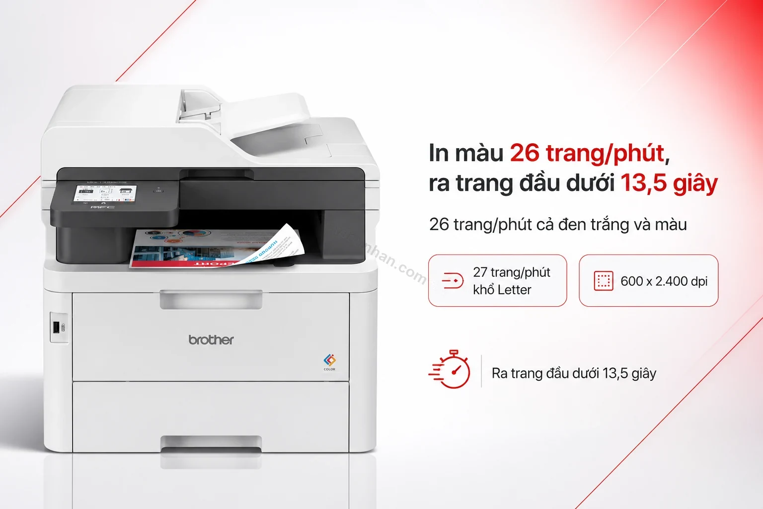 Máy in Brother MFC-L3760CDW đang in tài liệu màu, khay ra giấy có bản in