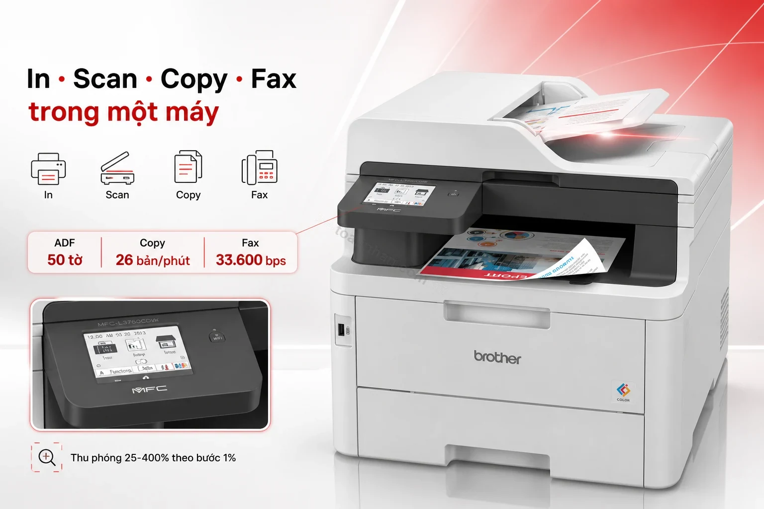 Khay ADF và màn hình cảm ứng của Brother MFC-L3760CDW dùng cho scan, copy và fax