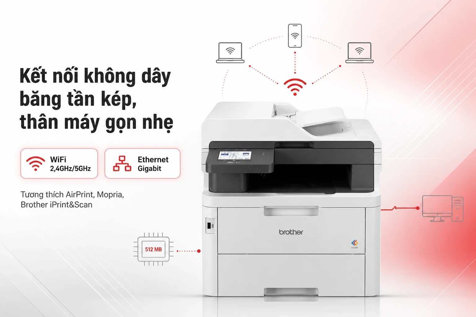 Sơ đồ kết nối WiFi băng tần kép và Ethernet Gigabit của Brother MFC-L3760CDW