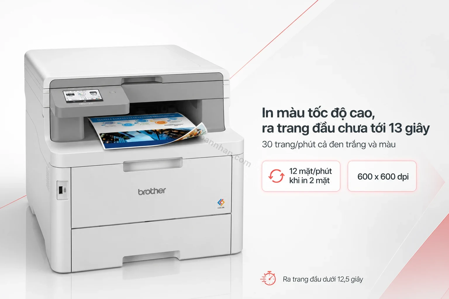 Máy in Brother MFC-L8340CDW đang in tài liệu màu tốc độ cao, khay ra giấy có bản in