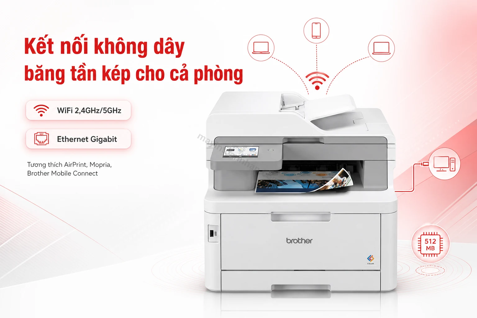 Sơ đồ kết nối WiFi băng tần kép và Ethernet Gigabit của Brother MFC-L8340CDW cho cả văn phòng