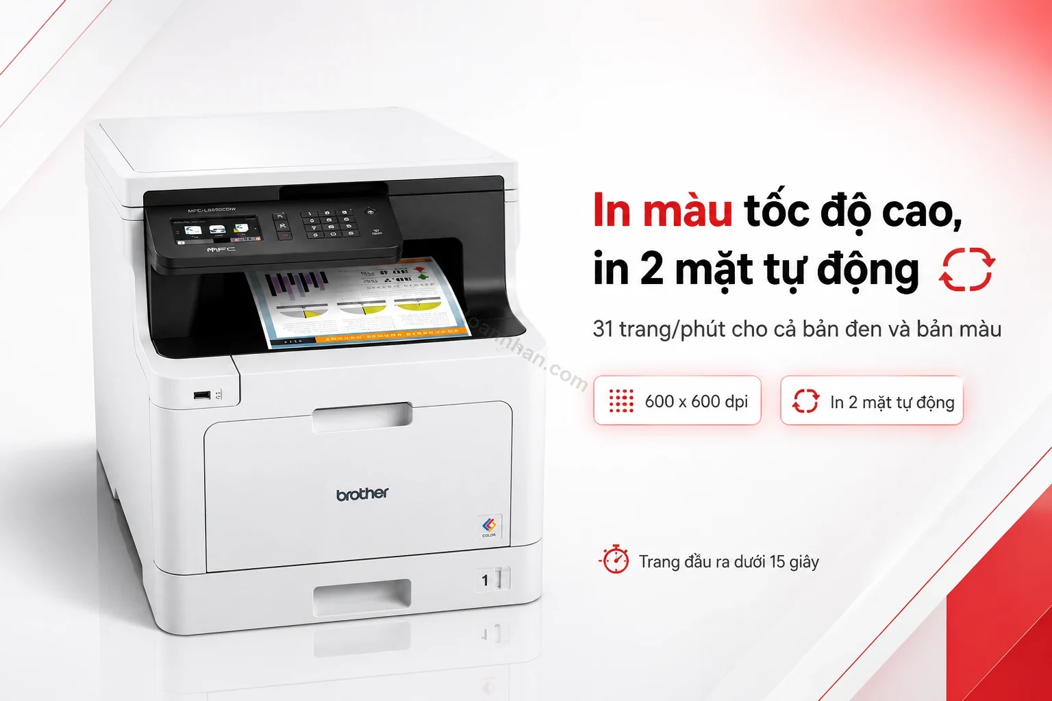 Brother MFC-L8690CDW in màu tốc độ cao, bản in 2 mặt tự động nằm trên khay ra giấy