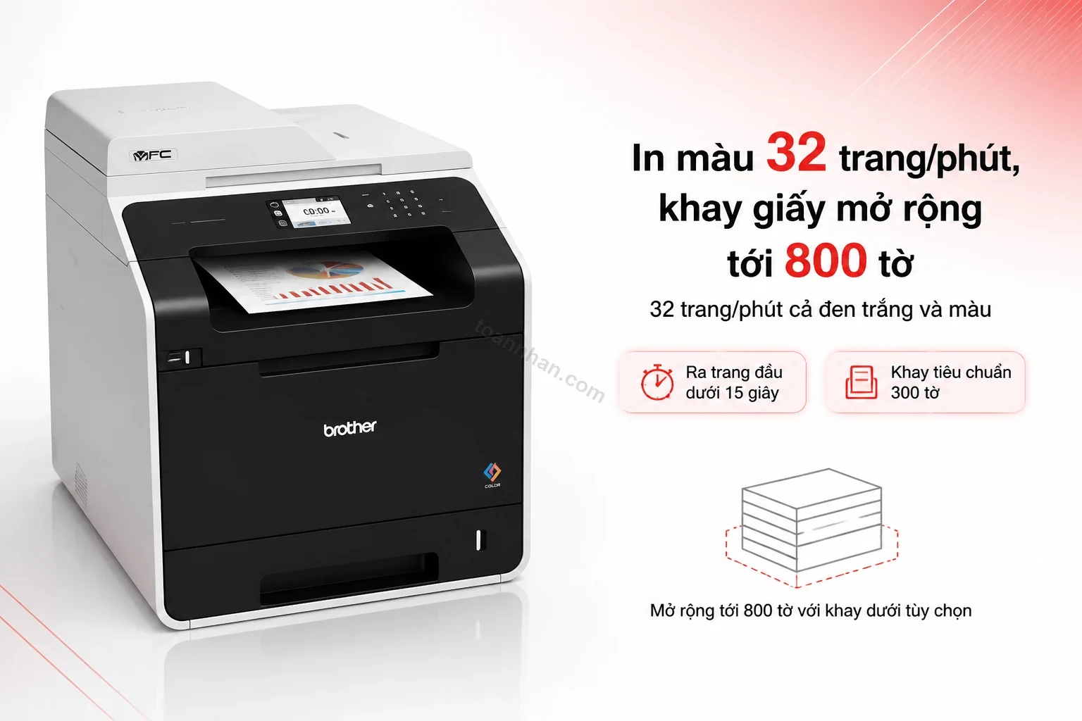 Máy in Brother MFC-L8850CDW đang in tài liệu màu, khay giấy mở rộng