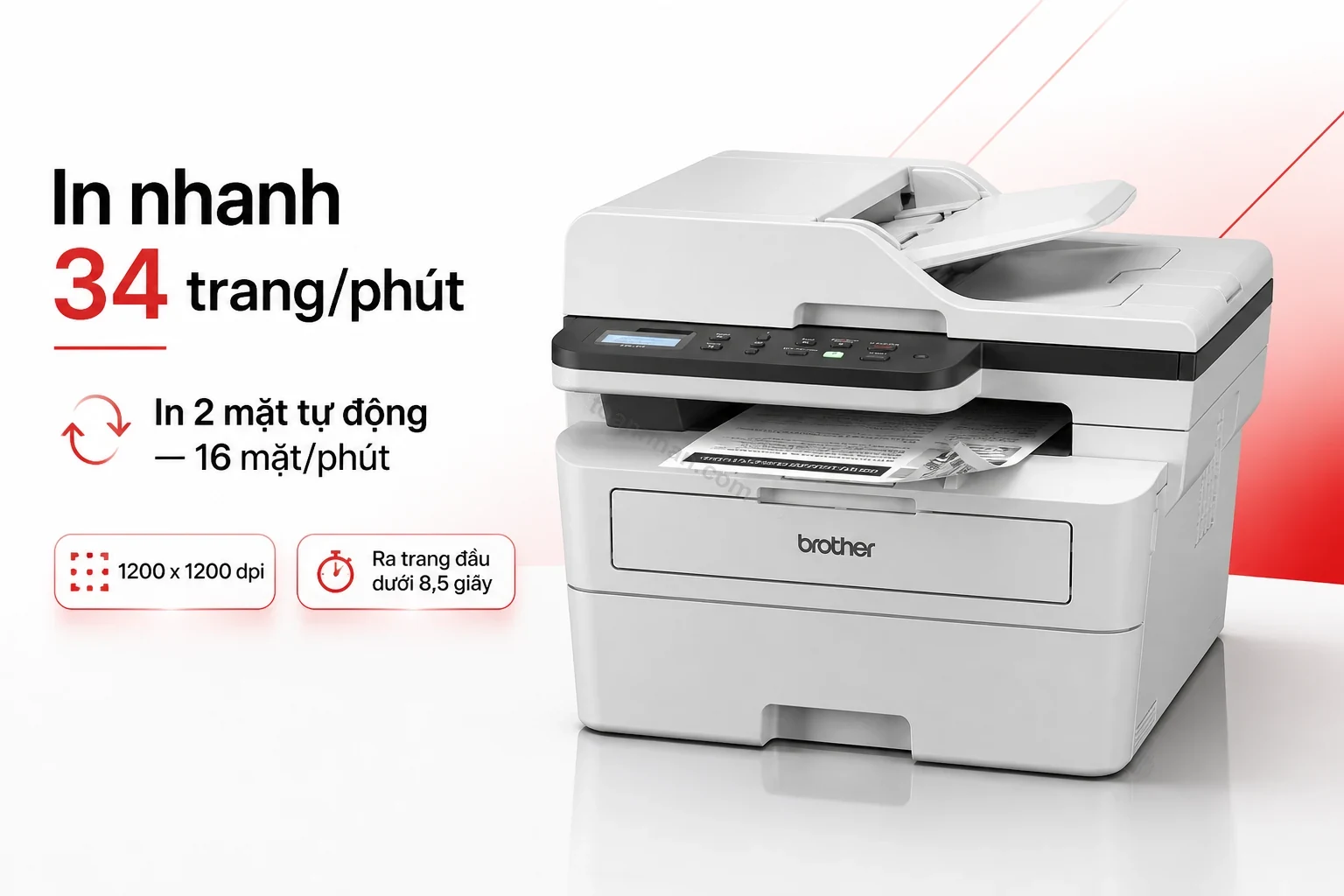 Máy in Brother DCP-B7640DW đang in tài liệu 2 mặt tự động, khay ra giấy phía trước